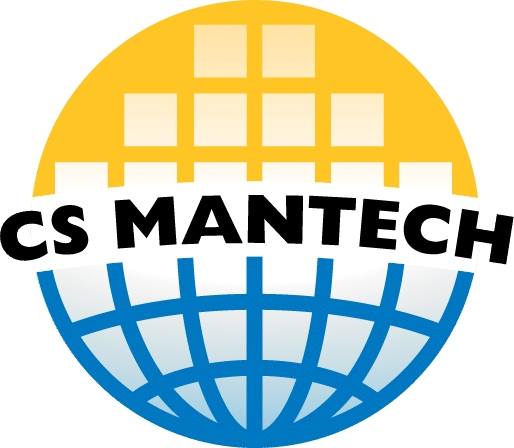 A logo for CS Mantech that is yellow on the top half with the silhouette of blocks and blue on the bottom with a globe silhouette
